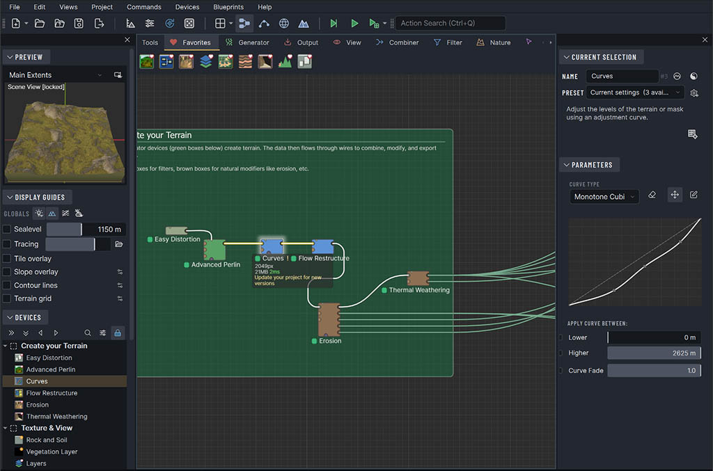 A World Machine node graph building a world