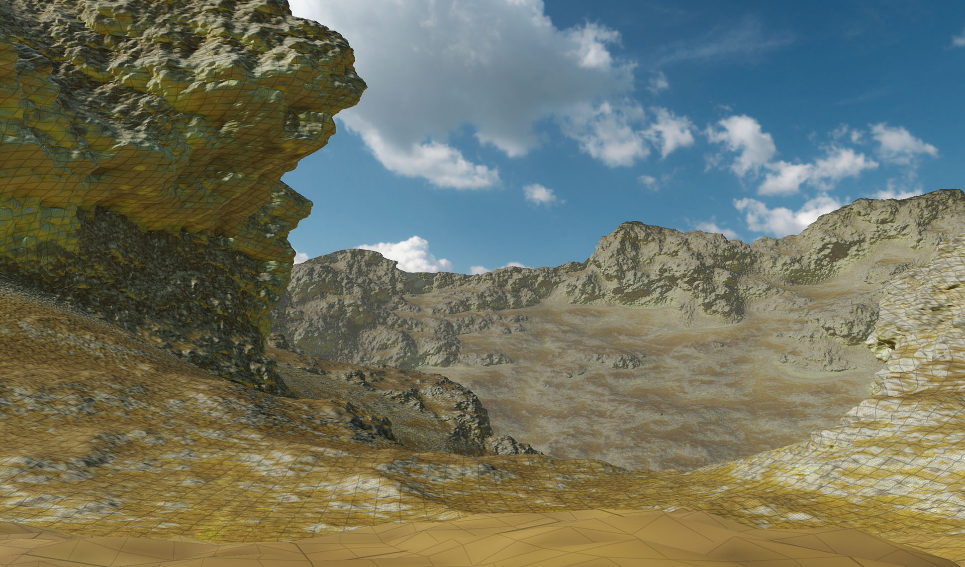 An overhanging cliff of 3D VDM terrain, seen from below