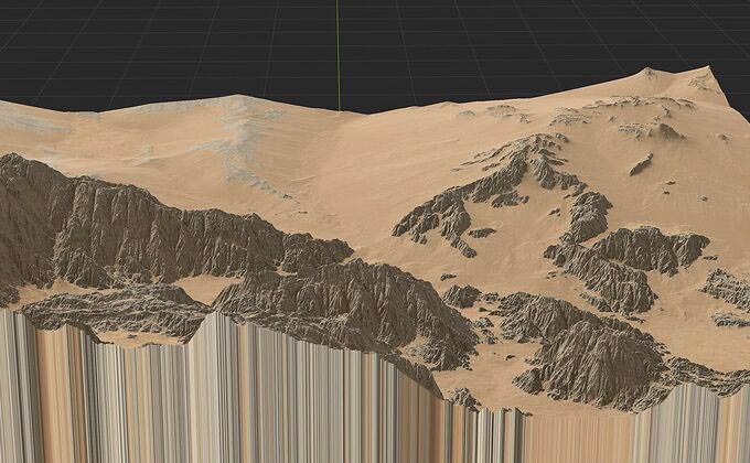 A desert range whose weathering changes across its width, from bare fractured crags to slopes buried in talus