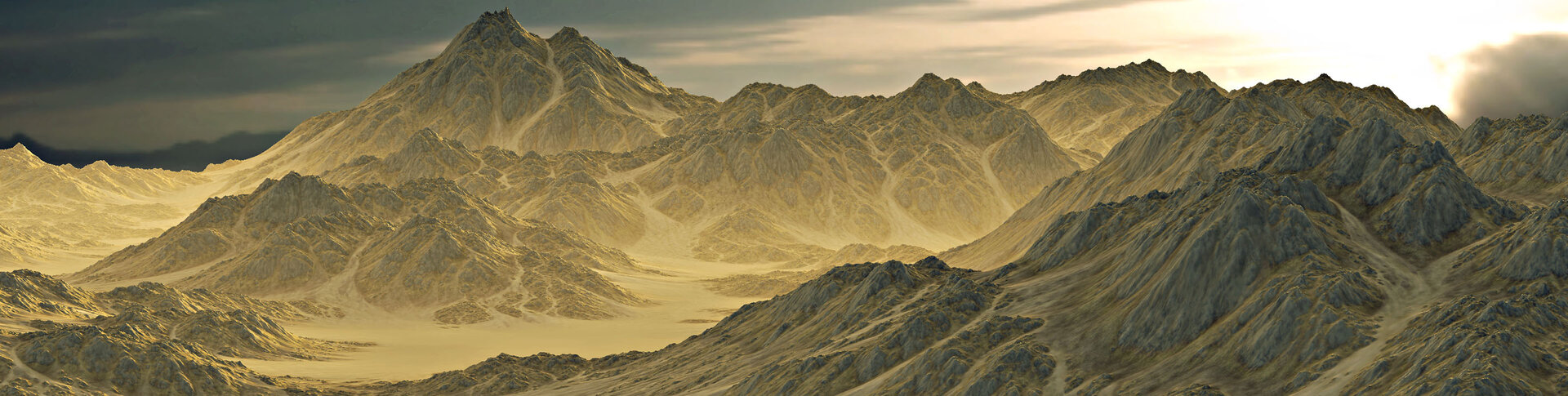 An eroded desert range receding into haze, built in World Machine